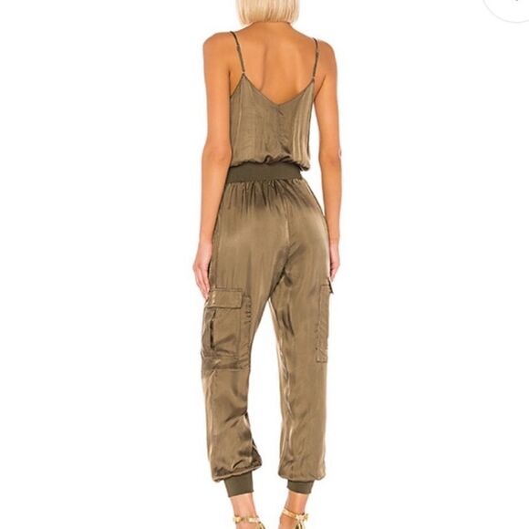 Cinq a Sept- Amia Olive Green Tank Satin Jumpsuit Cargo Pockets, Size XL - Picture 6 of 15
